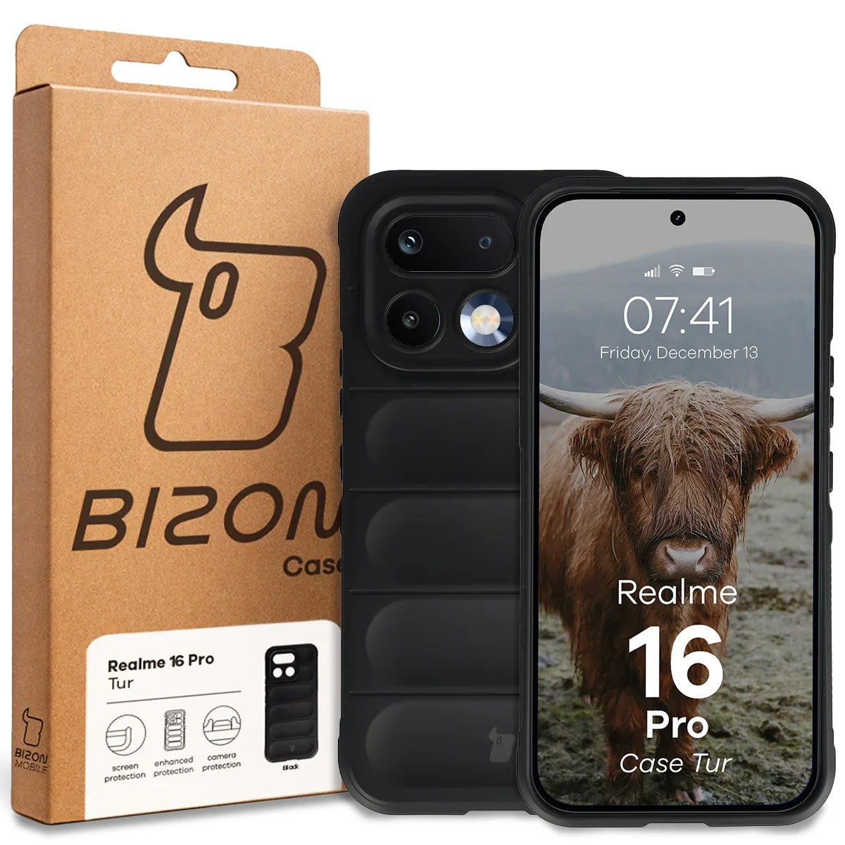 Przód pudełka Bizon Case z dedykowaną etykietą do Realme 16 Pro 5G