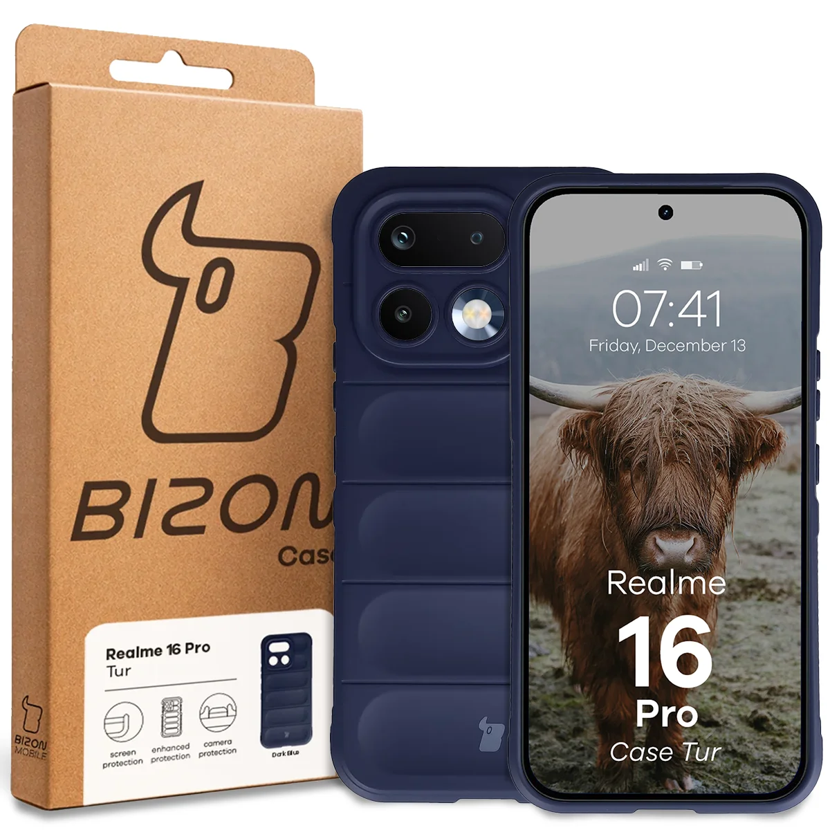 Przód pudełka Bizon Case z dedykowaną etykietą do Realme 16 Pro 5G