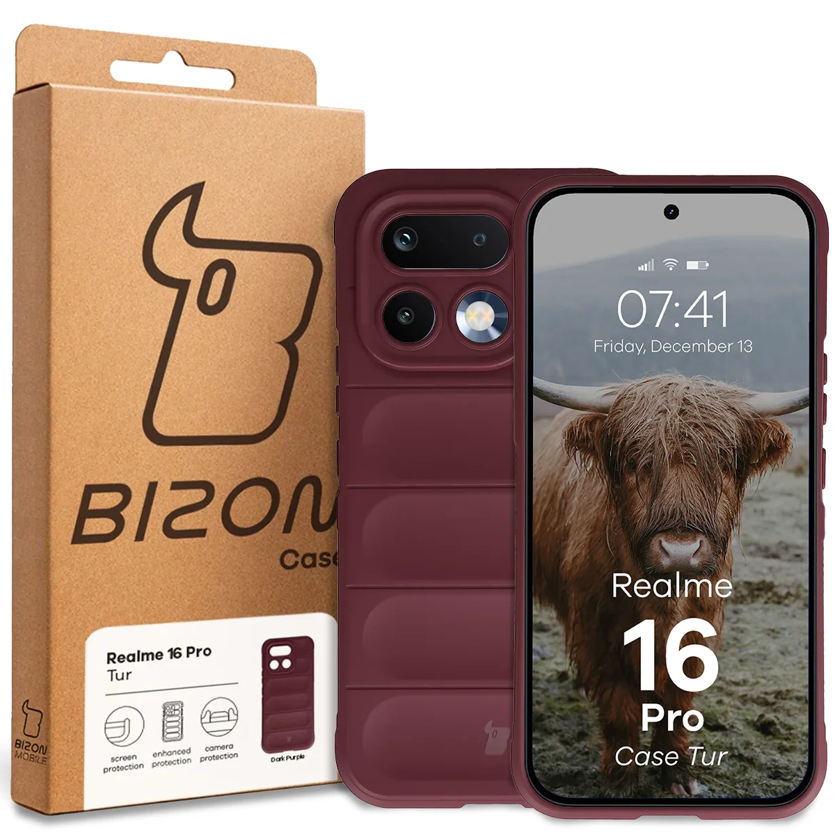 Przód pudełka Bizon Case z dedykowaną etykietą do Realme 16 Pro 5G