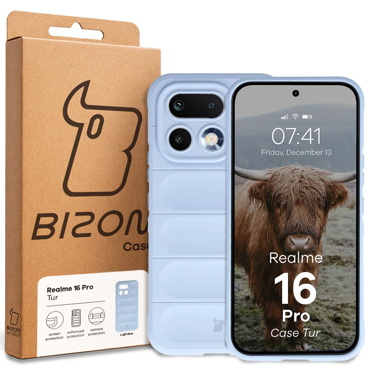 Przód pudełka Bizon Case z dedykowaną etykietą do Realme 16 Pro 5G