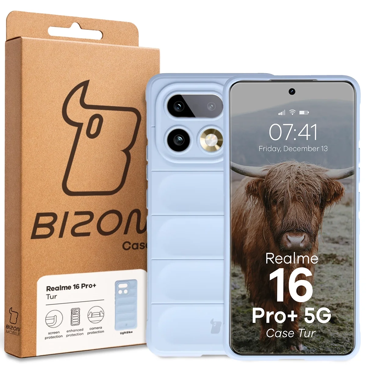 Przód pudełka Bizon Case z dedykowaną etykietą do Realme 16 Pro Plus 5G