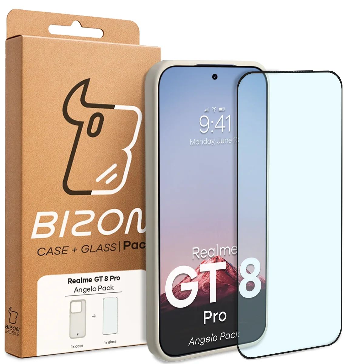 Przód pudełka Bizon Case Angelo Pack z dedykowaną etykietą do Realme GT 8 Pro