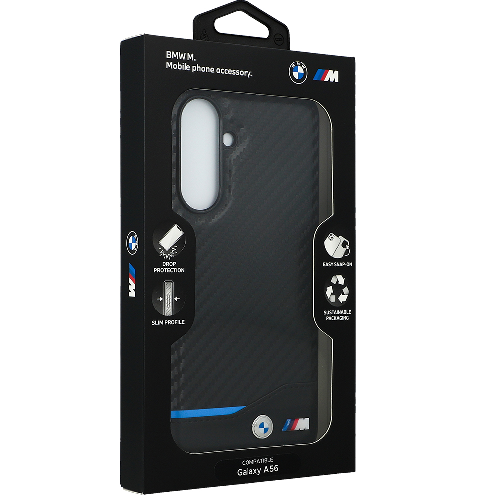 BMW M Carbon Leather – Etui BMW z karbonem i ekoskórą do Samsung Galaxy A56 5G, niebieskie przeszycie, metalowe logo BMW M, elegancki design, czarne