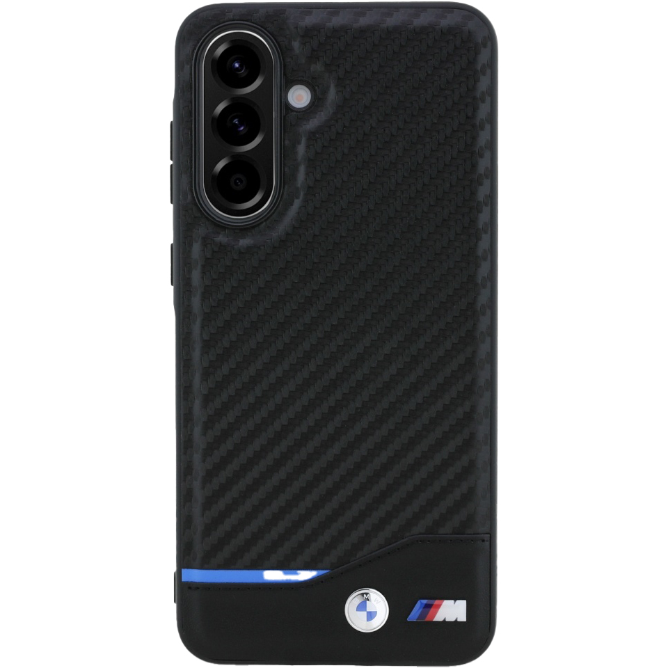 BMW M Carbon Leather – Etui BMW chroniące ekran i aparat do Samsung Galaxy A56 5G, amortyzacja uderzeń, podniesione krawędzie, dostęp do portów