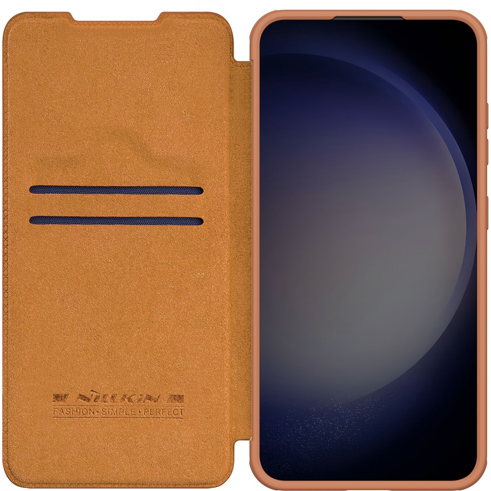 Etui z klapką i ochroną aparatu Nillkin Qin Prop do Samsung Galaxy S24 Plus, brązowe