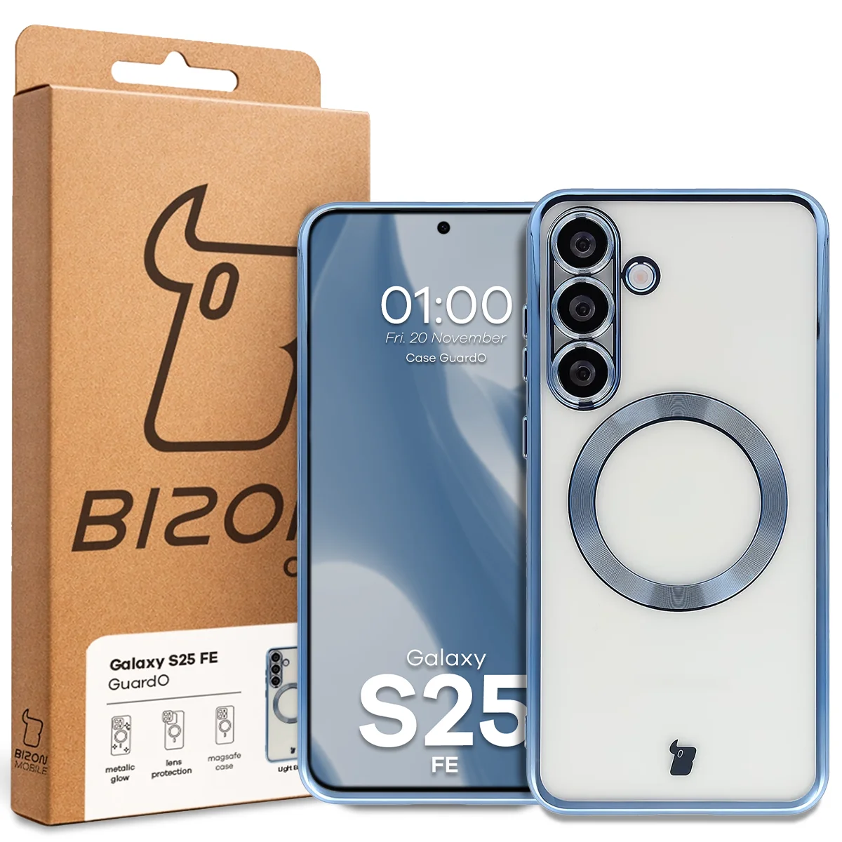 Przód pudełka Bizon Case z dedykowaną etykietą do Samsung Galaxy S25 FE