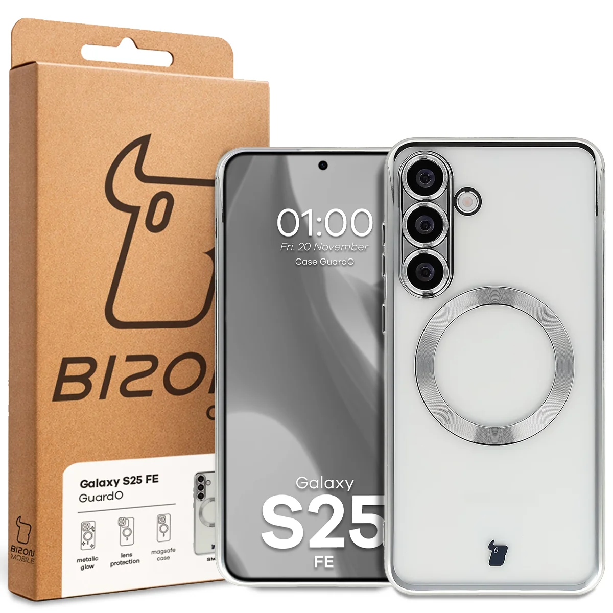 Przód pudełka Bizon Case z dedykowaną etykietą do Samsung Galaxy S25 FE