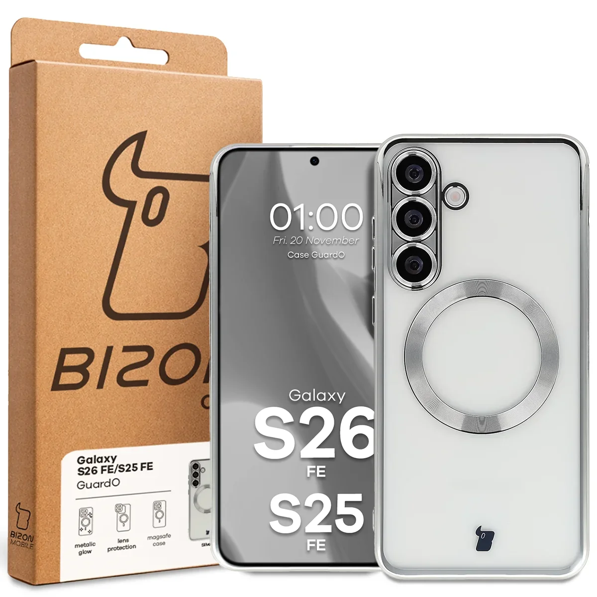 Przód pudełka Bizon Case z dedykowaną etykietą do Galaxy S25 FE, Galaxy S26 FE