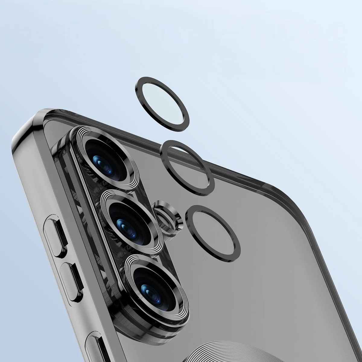 Zbliżenie na wbudowaną ochronę aparatu w Bizon Case GuardO do Samsung Galaxy S25 Plus