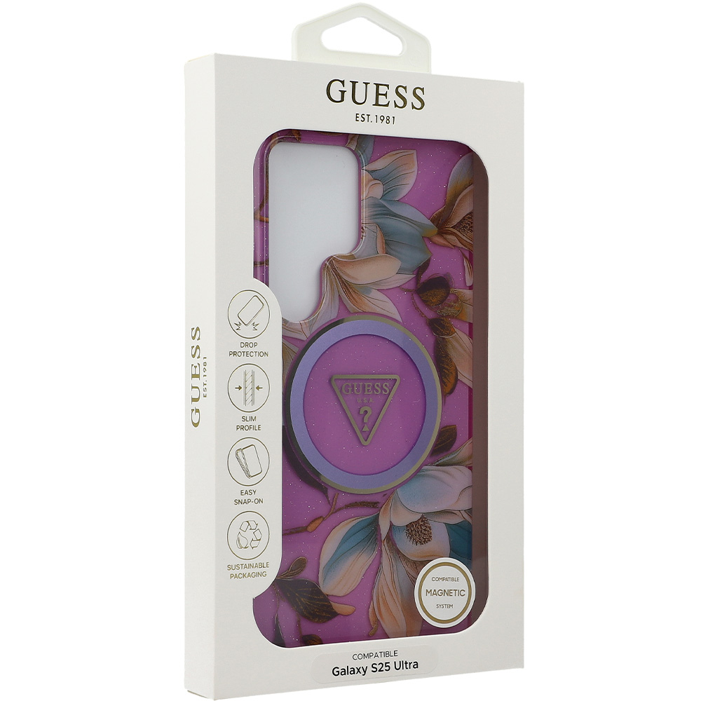 Etui Guess Glitter Flowers Triangle Buttons do MagSafe do Samsung Galaxy S25 Ultra, fioletowe