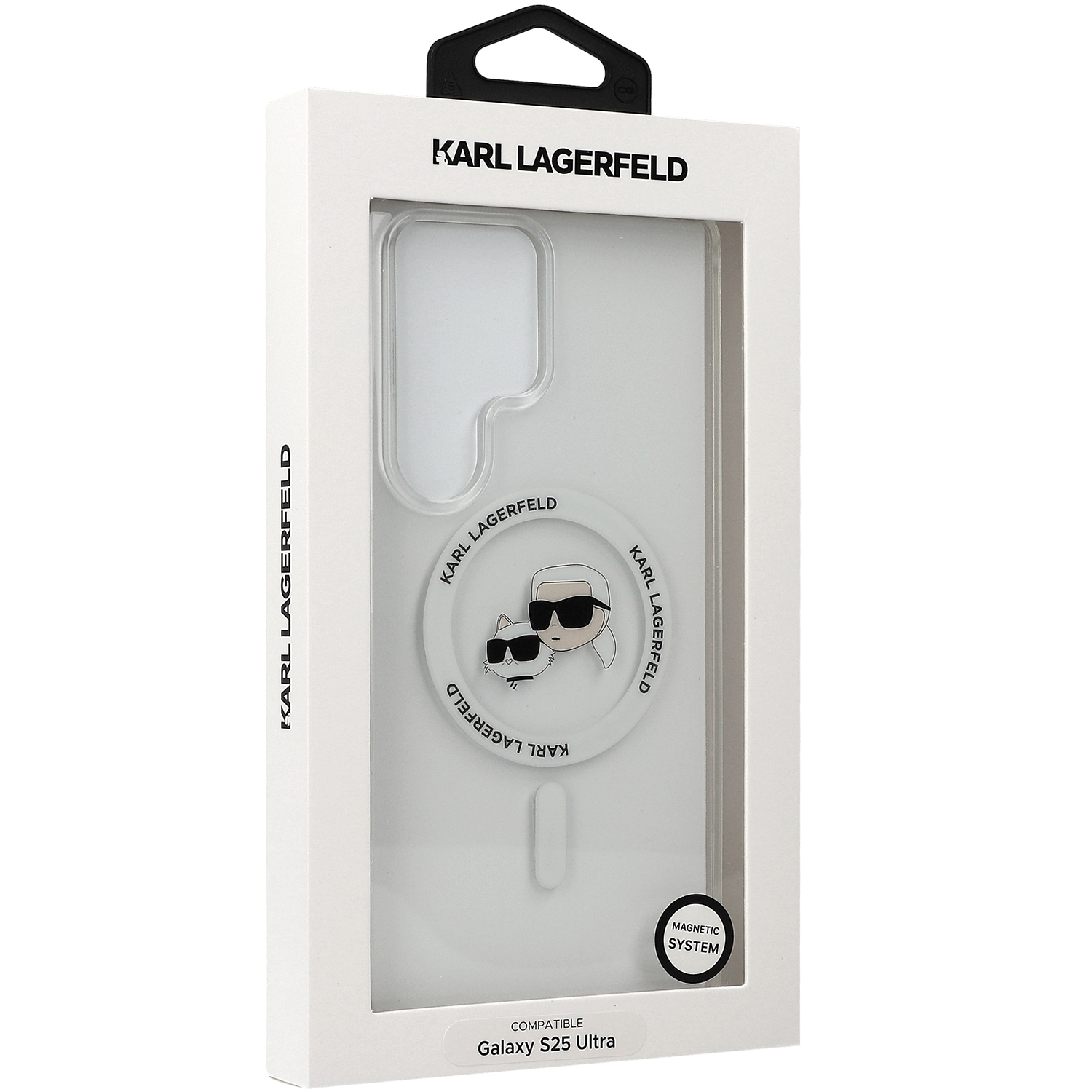 Etui Karl Lagerfeld Button Karl&Choupette Heads do MagSafe do Samsung Galaxy S25 Ultra, półprzezroczyste z białym
