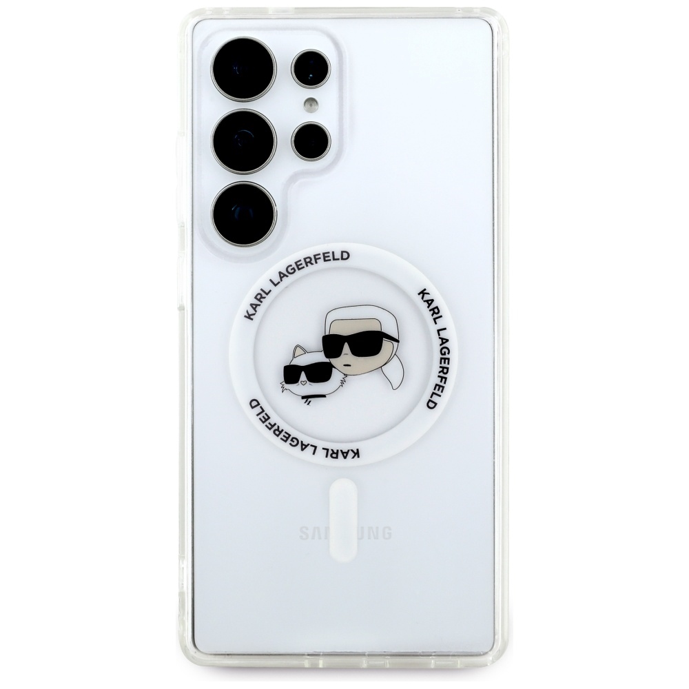 Etui Karl Lagerfeld Button Karl&Choupette Heads do MagSafe do Samsung Galaxy S25 Ultra, półprzezroczyste z białym