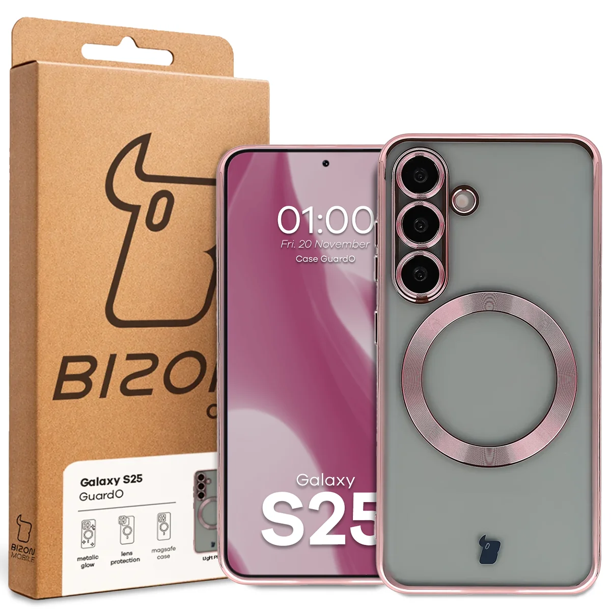 Przód pudełka Bizon Case z dedykowaną etykietą do Samsung Galaxy S25