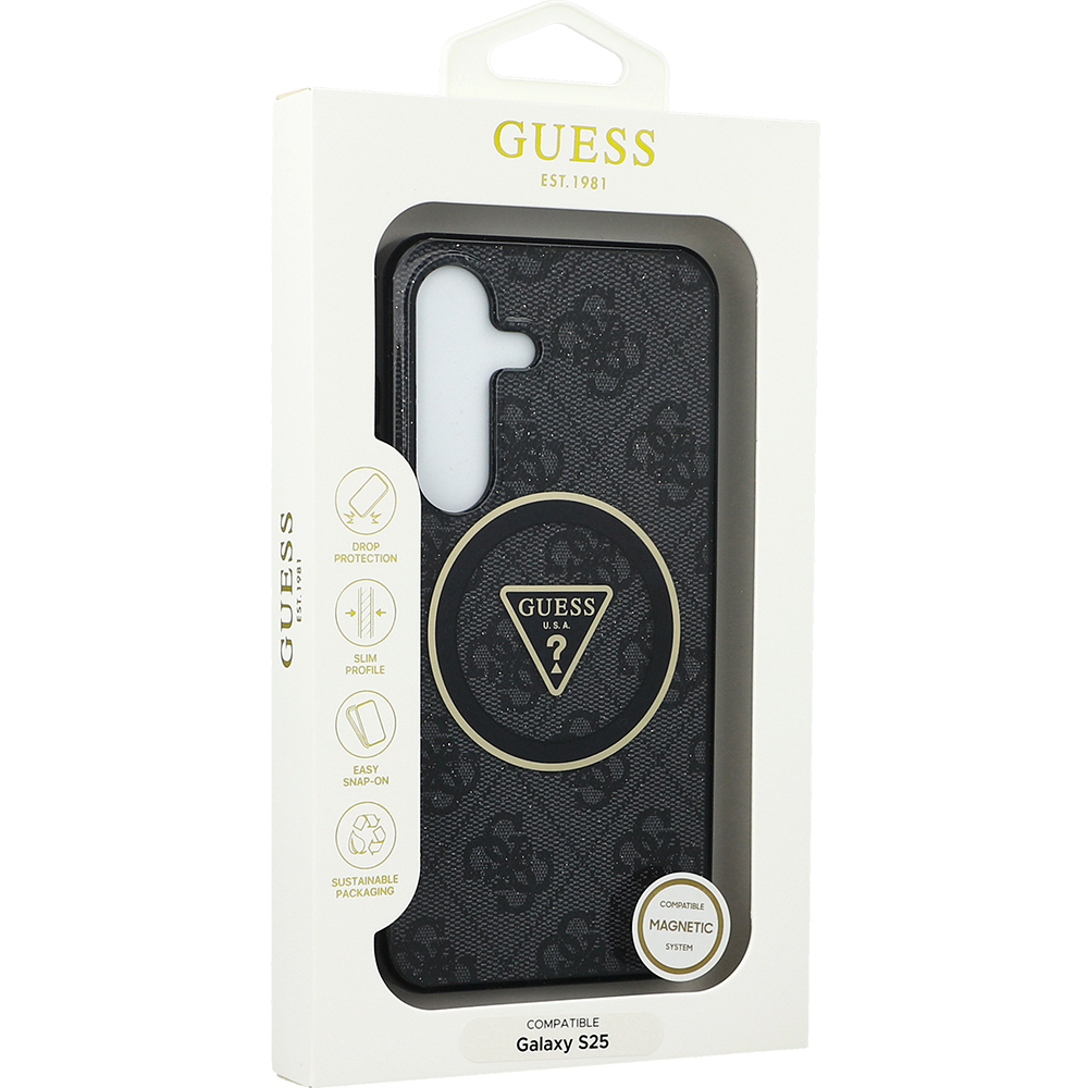 Etui Guess 4G Glitter Triangle Buttons do MagSafe do Samsung Galaxy S25, czarna ze złotymi elementami