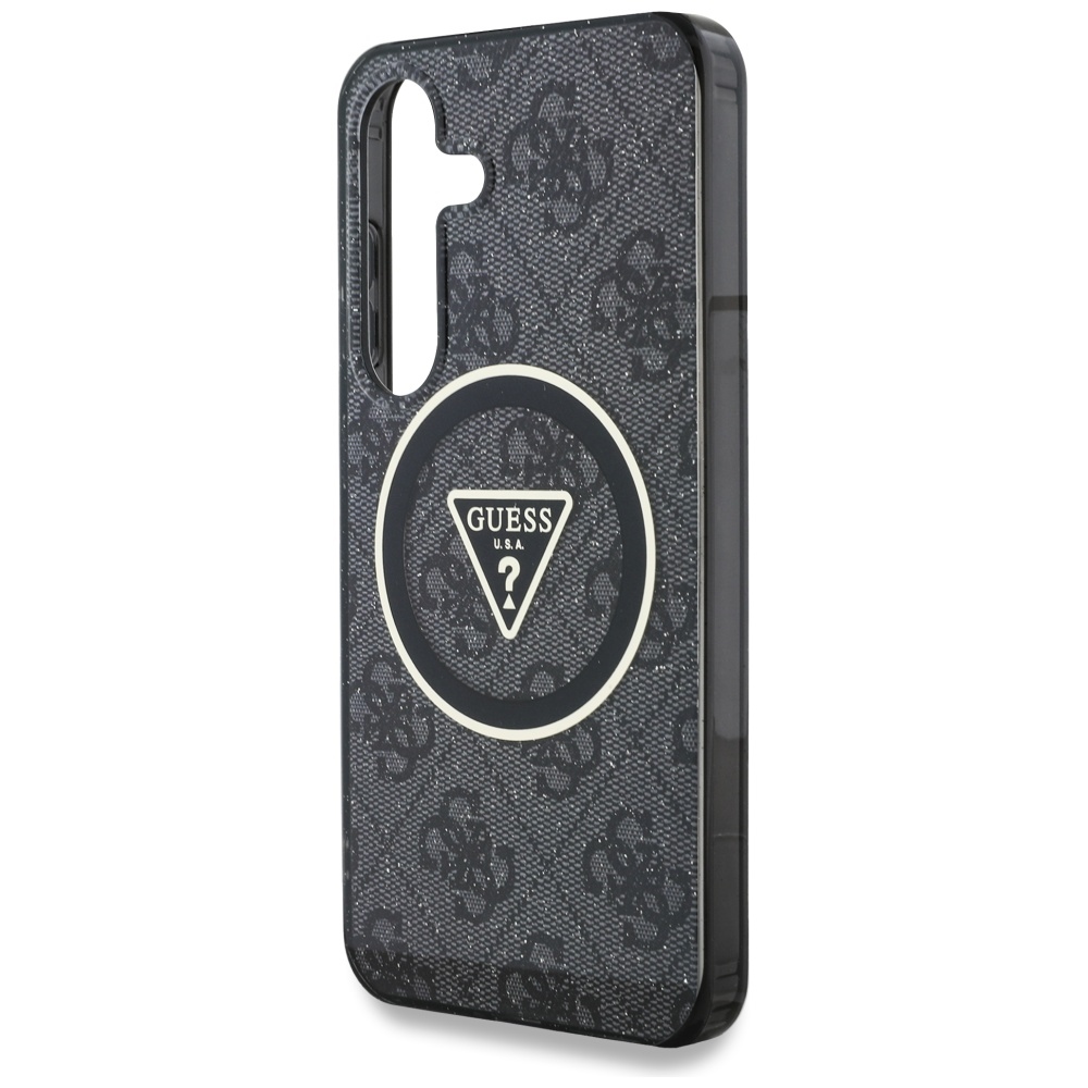 Etui Guess 4G Glitter Triangle Buttons do MagSafe do Samsung Galaxy S25, czarna ze złotymi elementami