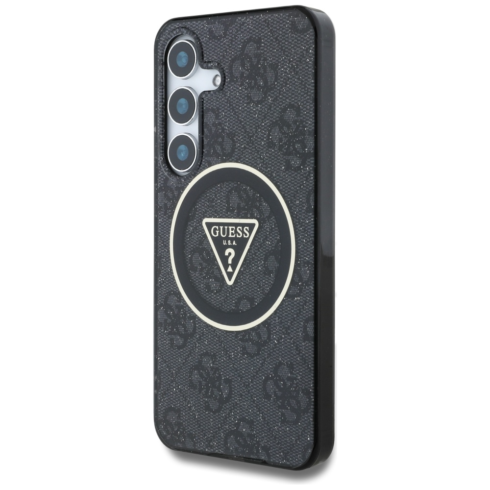 Etui Guess 4G Glitter Triangle Buttons do MagSafe do Samsung Galaxy S25, czarna ze złotymi elementami