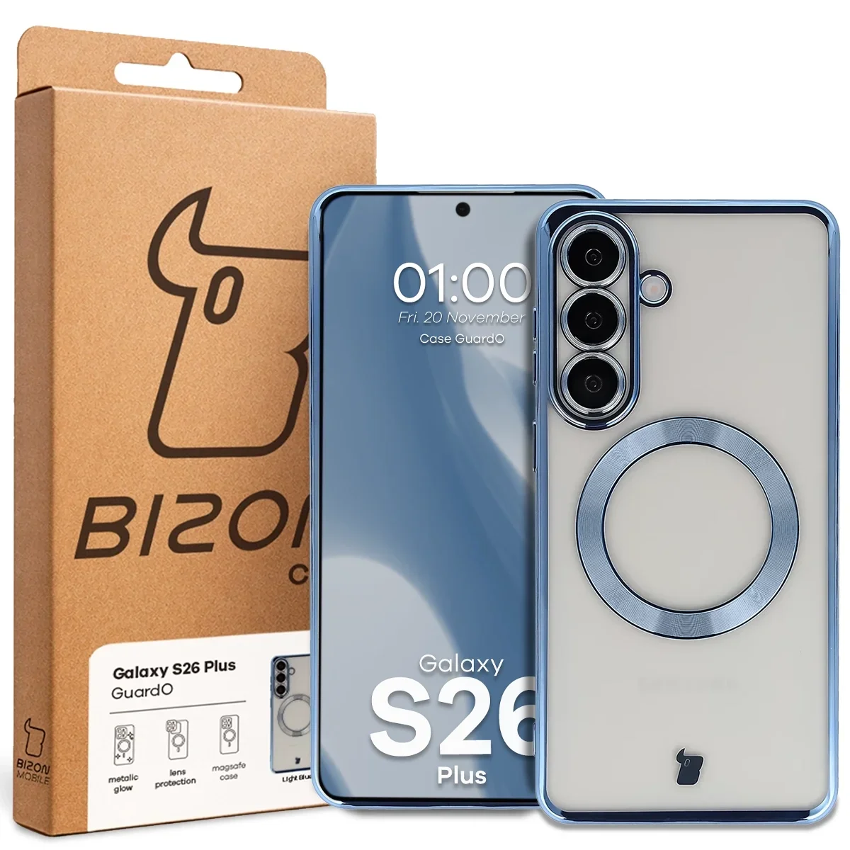 Przód pudełka Bizon Case z dedykowaną etykietą do Samsung Galaxy S26 Plus