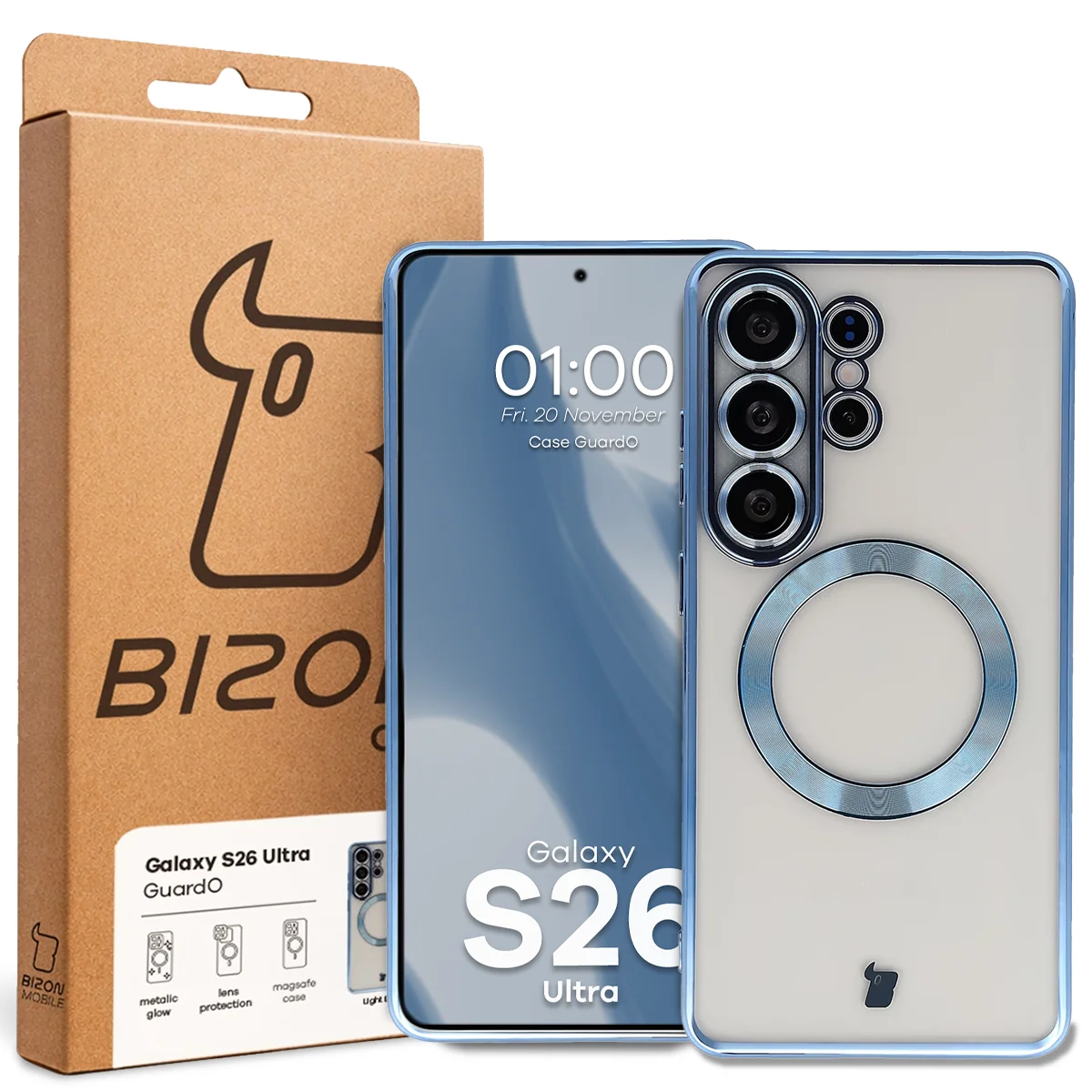 Przód pudełka Bizon Case z dedykowaną etykietą do Samsung Galaxy S26 Ultra