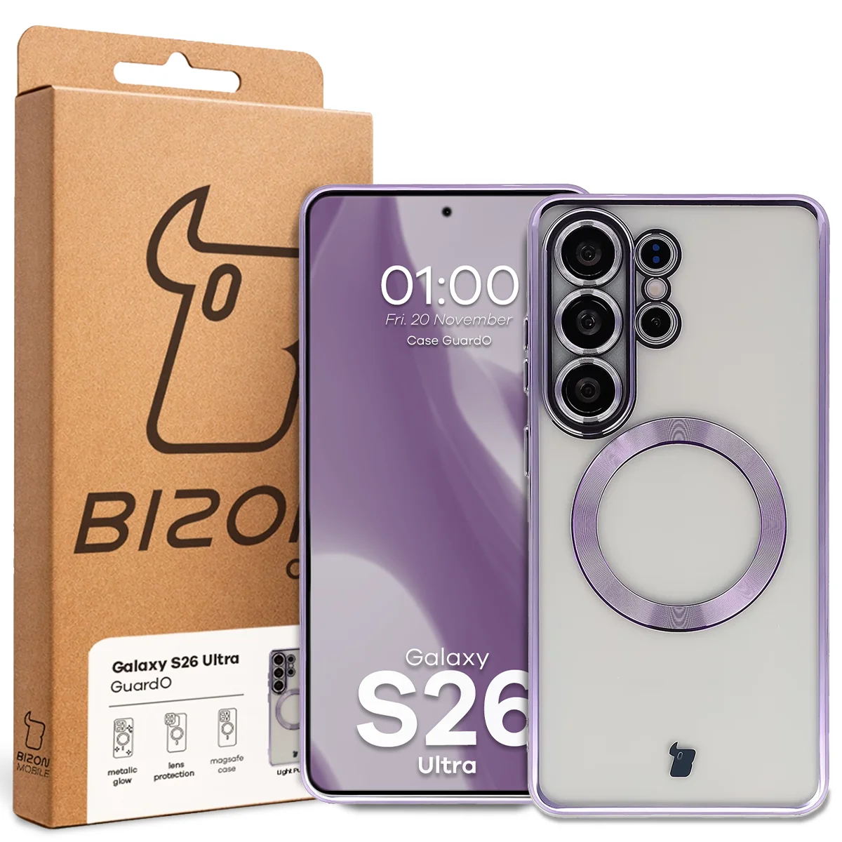 Przód pudełka Bizon Case z dedykowaną etykietą do Samsung Galaxy S26 Ultra