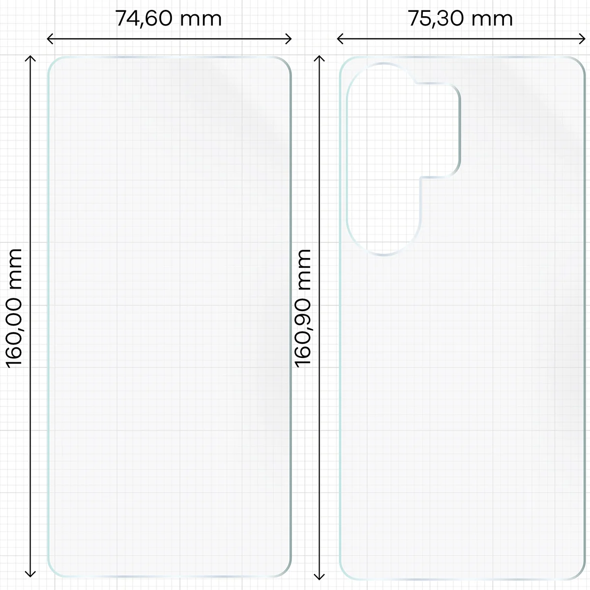 Wymiary dla folii hydrożelowej na plecki, mniejszy oraz większy wyświetlacz telefonu Bizon Film Hydrogel Pack do Samsung Galaxy S26 Ultra