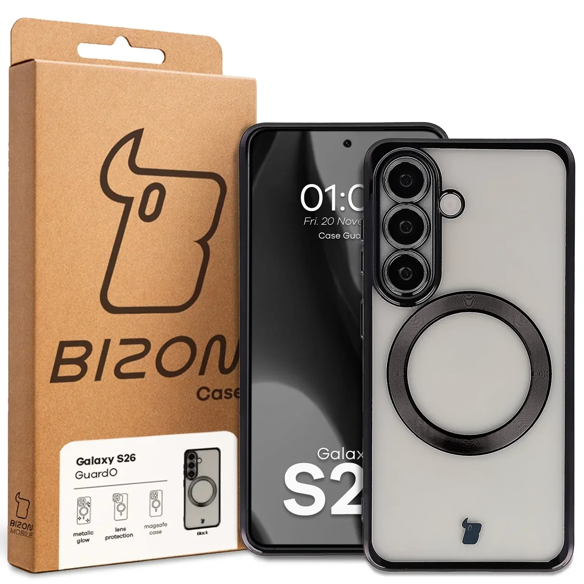 Przód pudełka Bizon Case z dedykowaną etykietą do Samsung Galaxy S26