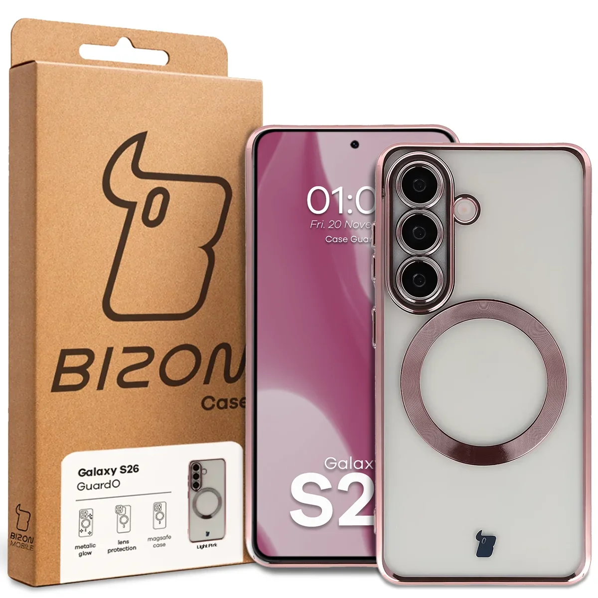 Przód pudełka Bizon Case z dedykowaną etykietą do Samsung Galaxy S26