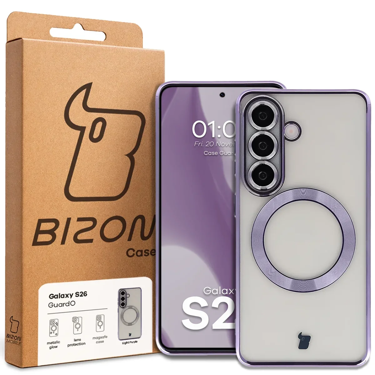 Przód pudełka Bizon Case z dedykowaną etykietą do Samsung Galaxy S26