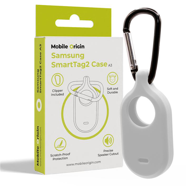 Mobile Origin Samsung SmartTag2 Case A3 wykonane z silikonu, chroni przed zarysowaniami, posiada precyzyjne wycięcie na głośnik, świeci w ciemności, w zestawie z praktycznym karabińczykiem