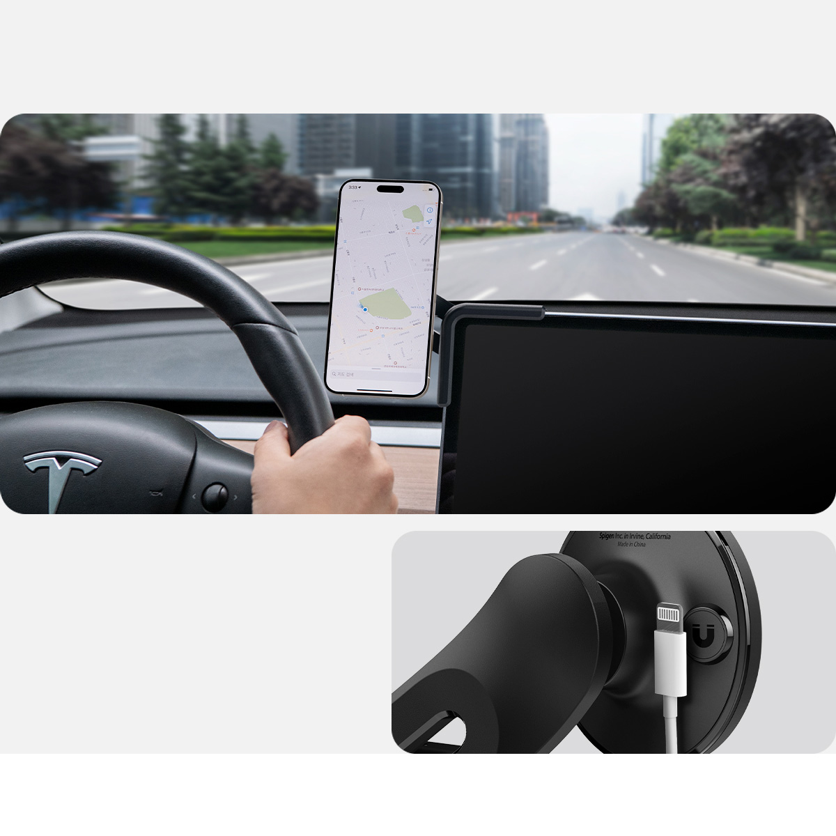 Uchwyt samochodowy Spigen TapLock Car Mount Holder do Tesla Model 3/X/S/Y/Cybertruck do iPhone z MagSafe, czarny
