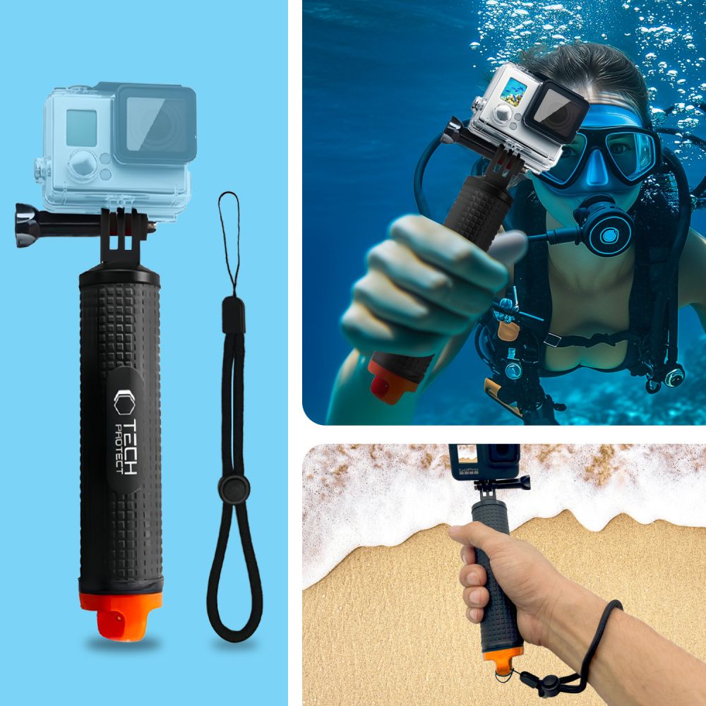 Uchwyt, rączka do kamer GoPro i DJI, Tech-Protect GA100 Float Hand Grip, czarny z pomarańczową końcówką.