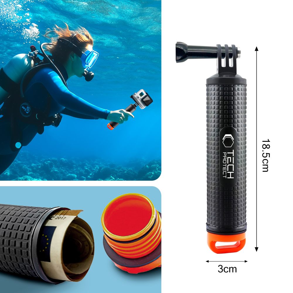 Uchwyt, rączka do kamer GoPro i DJI, Tech-Protect GA100 Float Hand Grip, czarny z pomarańczową końcówką.