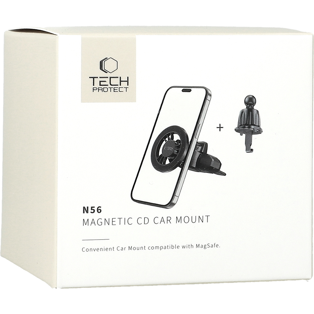 N56 Magnetic Magsafe CD & Vent car Mont, Tech-Protect. Magnetyczny uchwyt trzyma telefon stabilnie, obsługuje MagSafe, posiada szybki montaż i działa z etui. W zestawie dwie blaszki.