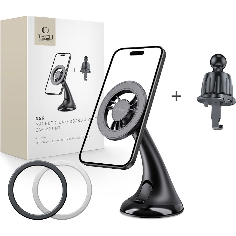 Uchwyt samochodowy, magnetyczny do kratki nawiewu / deski rozdzielczej / szyby do MagSafe Tech-Protect N56, czarny. Trzyma telefon stabilnie, obsługuje MagSafe, posiada szybki montaż i działa z etui. W zestawie dwie blaszki.