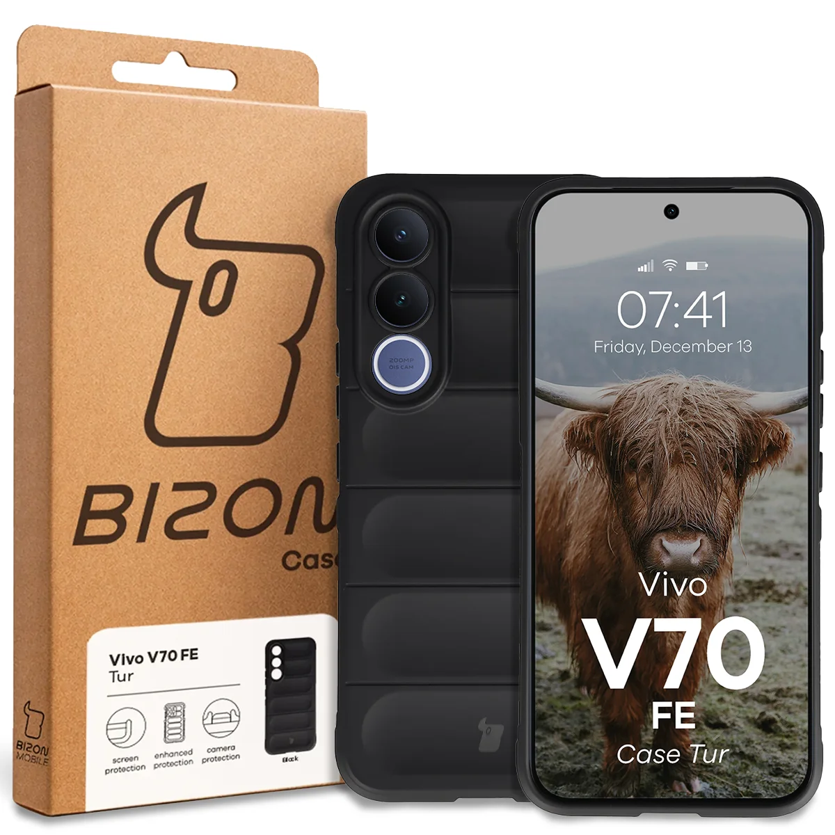 Przód pudełka Bizon Case z dedykowaną etykietą do Vivo V70 FE 5G