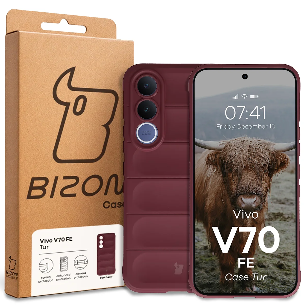 Przód pudełka Bizon Case z dedykowaną etykietą do Vivo V70 FE 5G