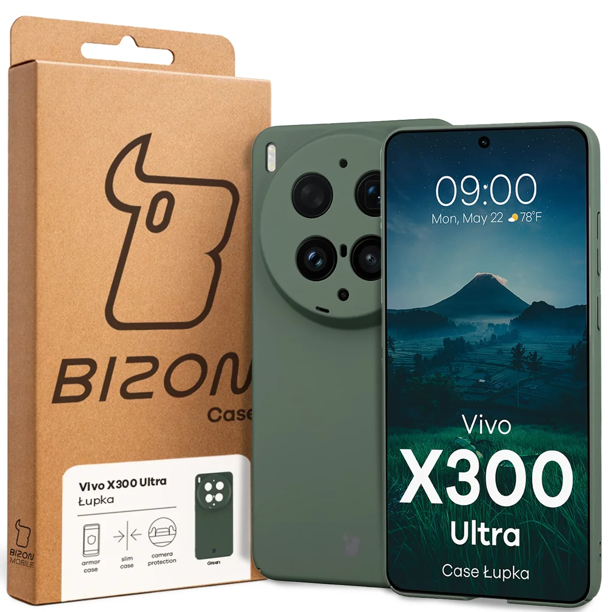 Przód pudełka Bizon Case z dedykowaną etykietą do Vivo X300 Ultra