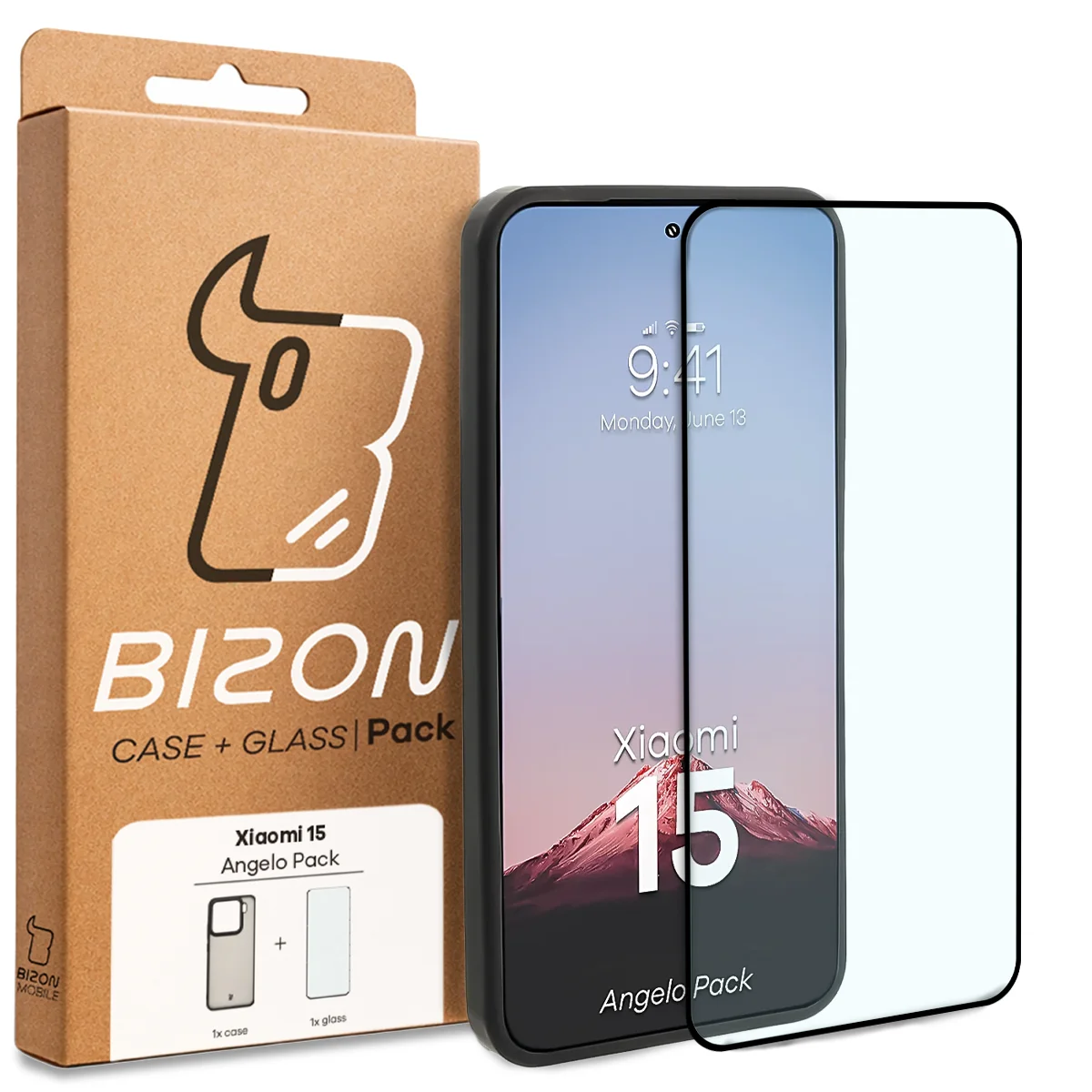 Przód pudełka Bizon Case Angelo Pack z dedykowaną etykietą do Xiaomi 15