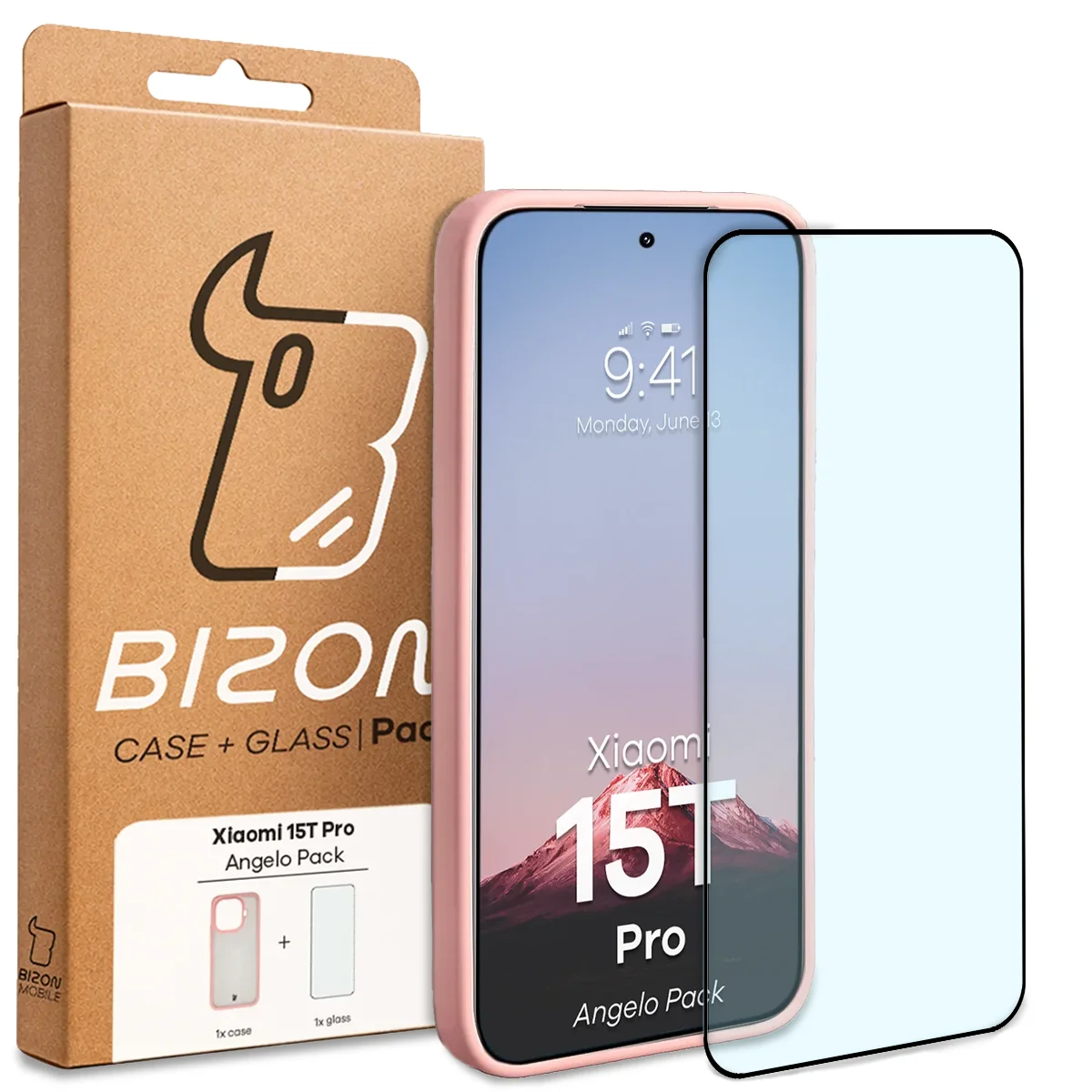 Przód pudełka Bizon Case Angelo Pack z dedykowaną etykietą do Xiaomi 15T Pro
