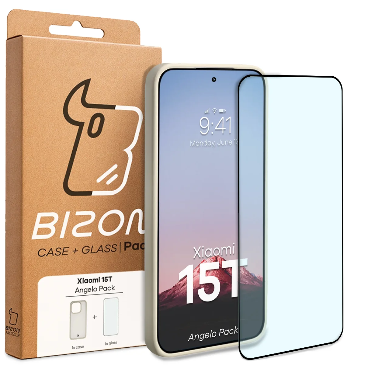 Przód pudełka Bizon Case Angelo Pack z dedykowaną etykietą do Xiaomi 15T