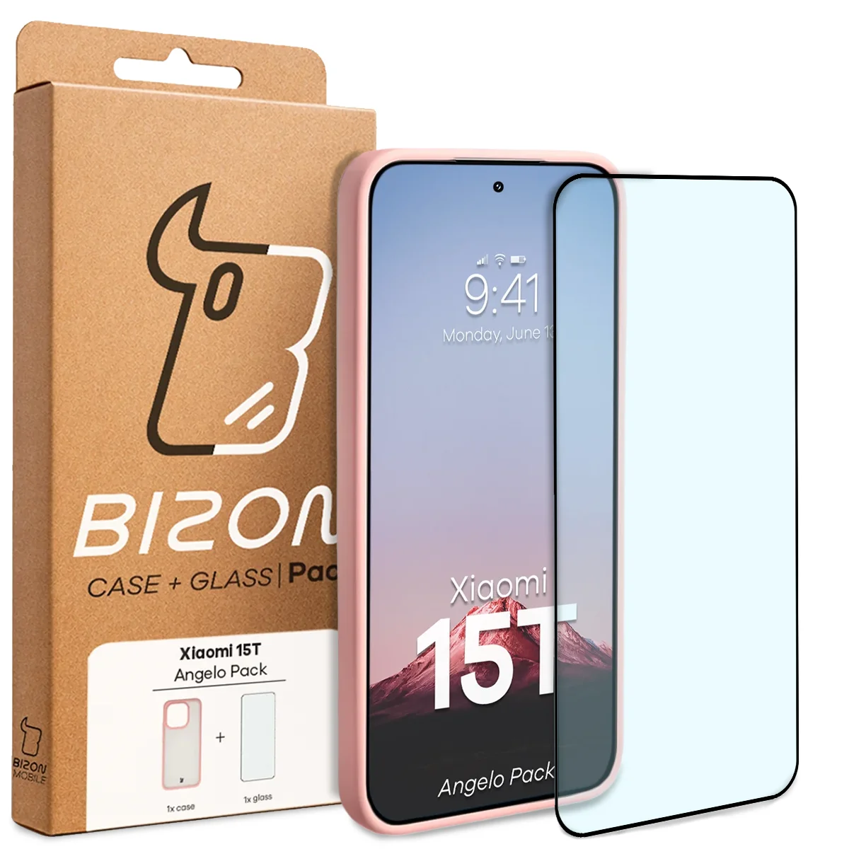 Przód pudełka Bizon Case Angelo Pack z dedykowaną etykietą do Xiaomi 15T