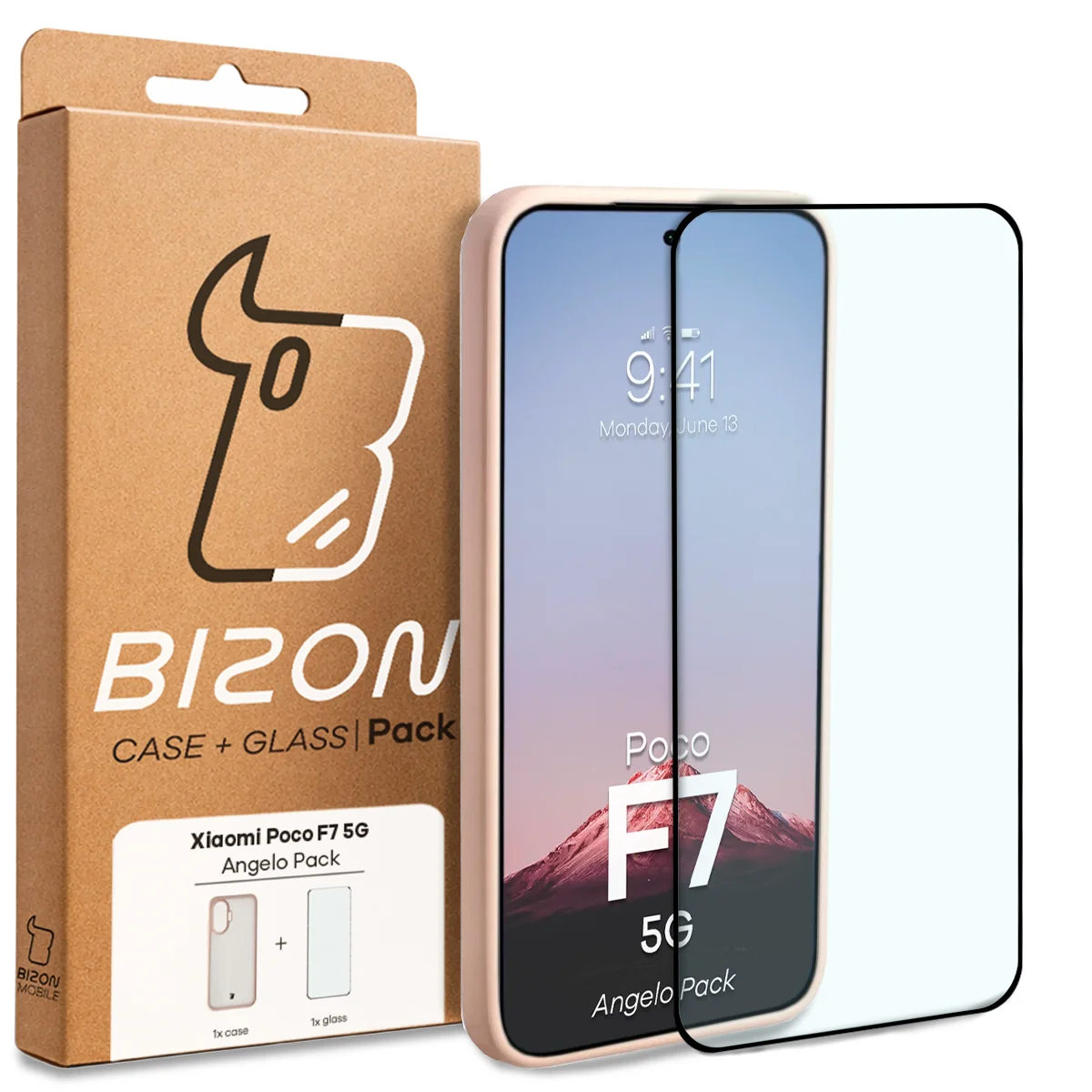 Przód pudełka Bizon Case Angelo Pack z dedykowaną etykietą do Xiaomi POCO F7