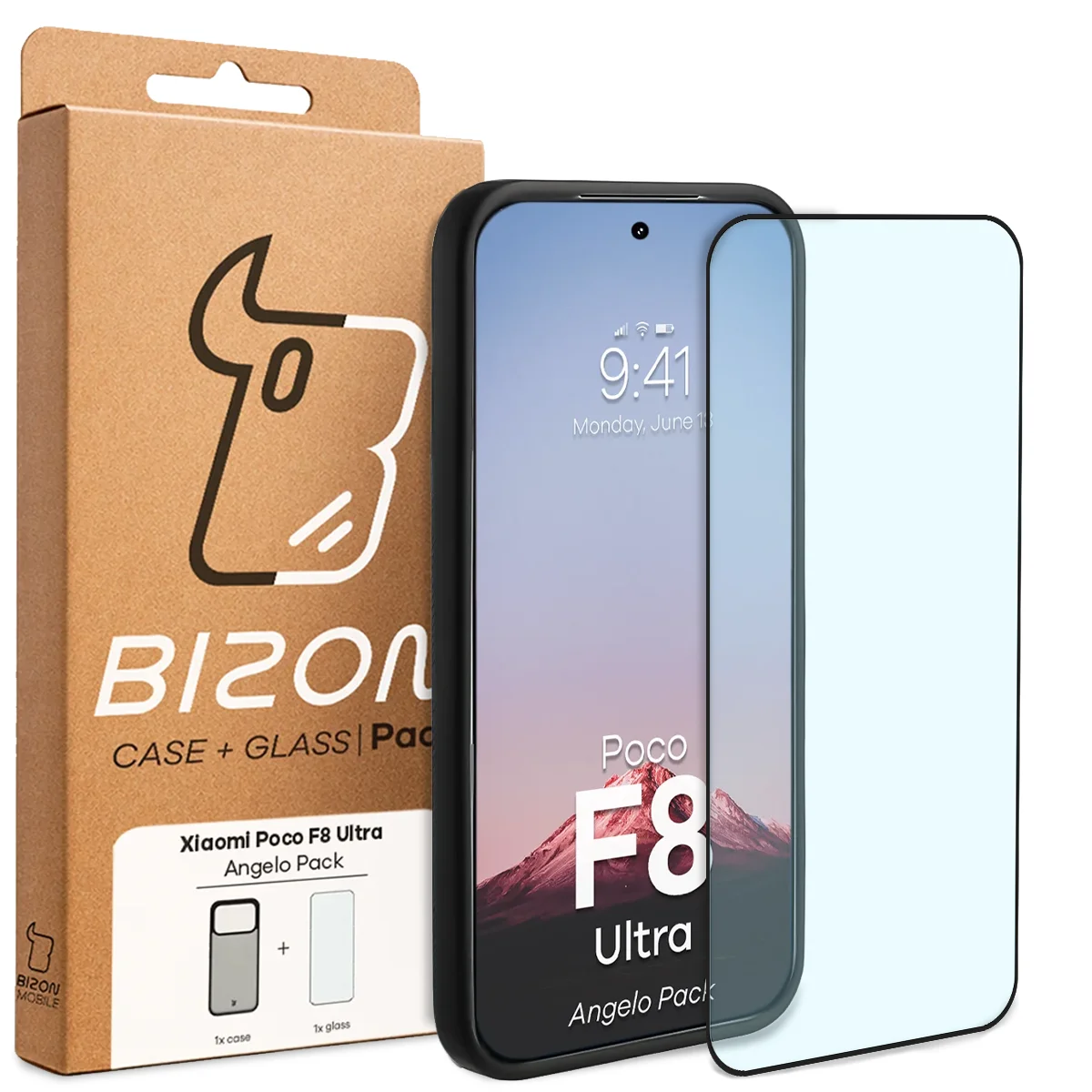 Przód pudełka Bizon Case Angelo Pack z dedykowaną etykietą do Xiaomi POCO F8 Ultra