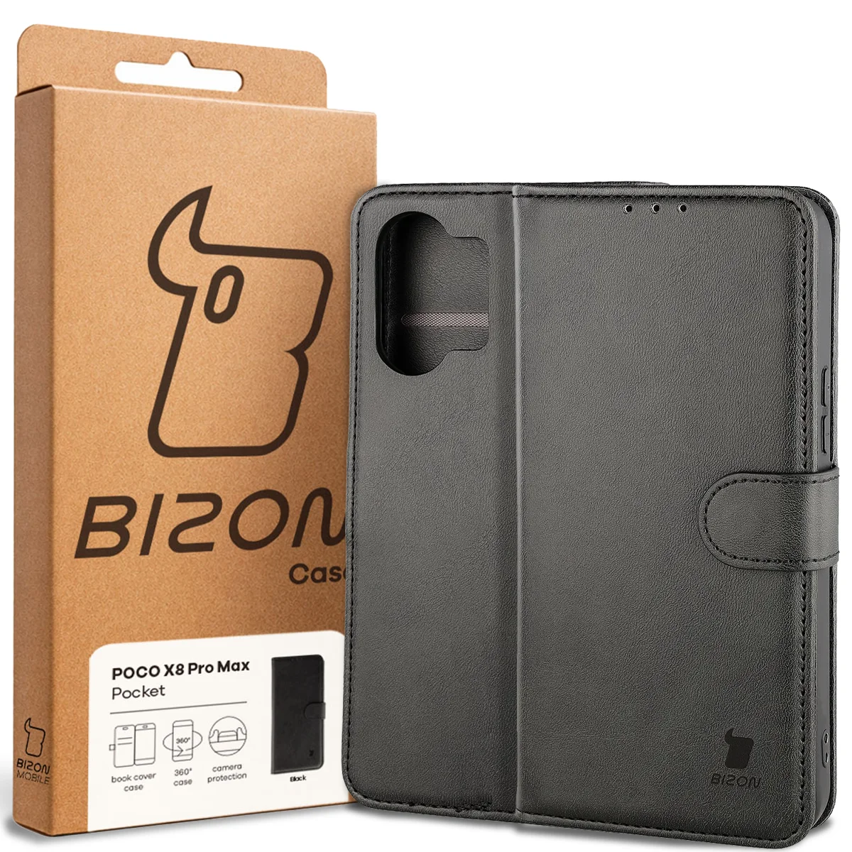 Przód pudełka Bizon Case z dedykowaną etykietą do Xiaomi POCO X8 Pro Max