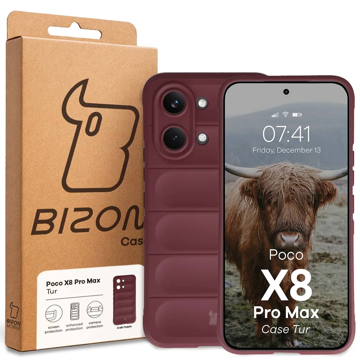 Przód pudełka Bizon Case z dedykowaną etykietą do Xiaomi POCO X8 Pro Max