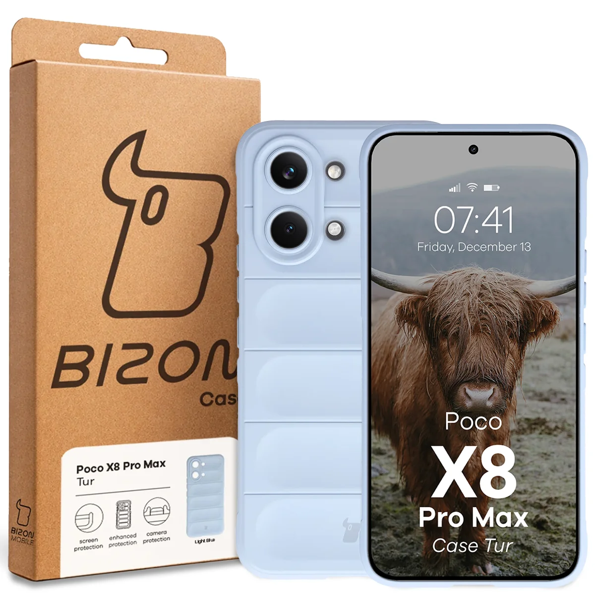 Przód pudełka Bizon Case z dedykowaną etykietą do Xiaomi POCO X8 Pro Max