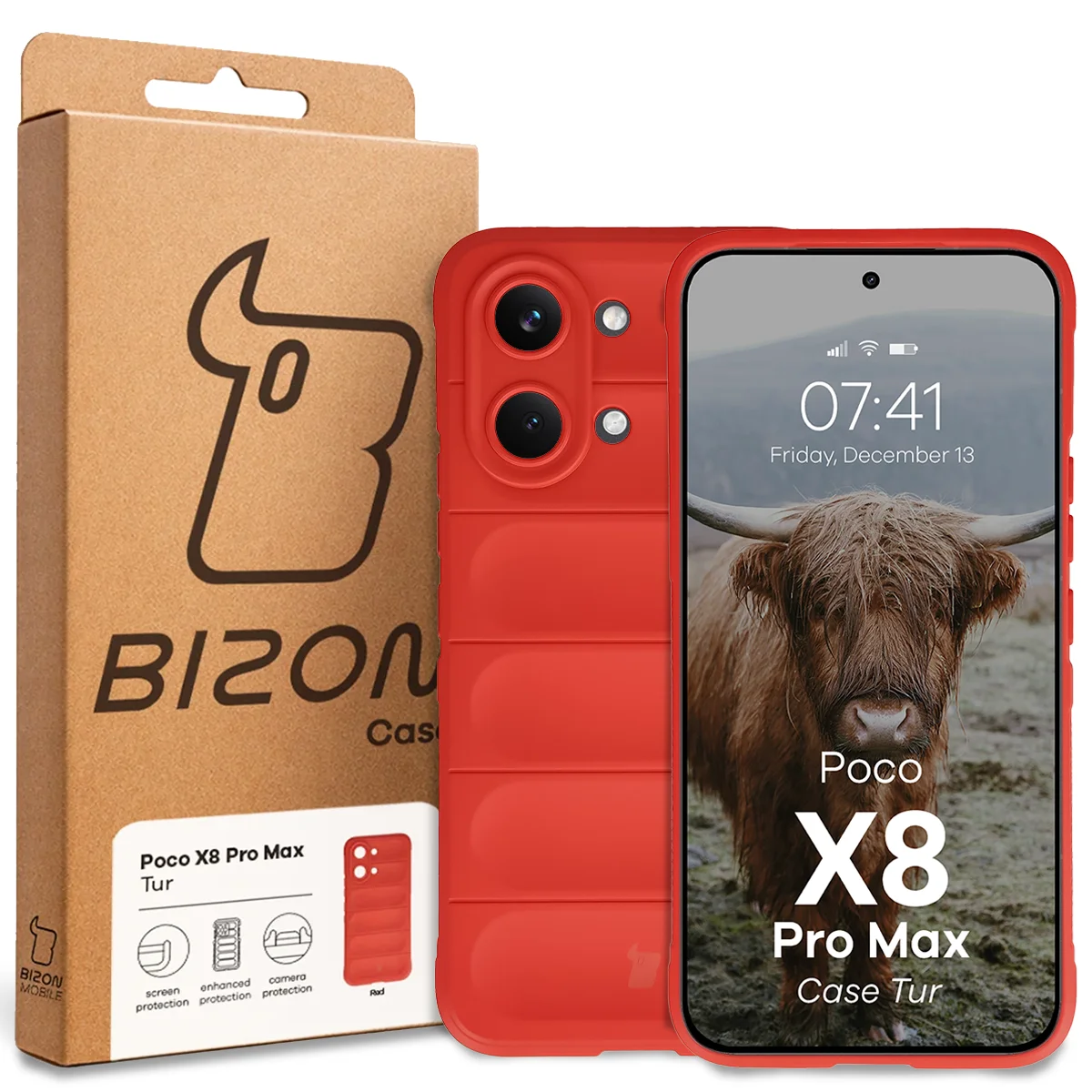 Przód pudełka Bizon Case z dedykowaną etykietą do Xiaomi POCO X8 Pro Max