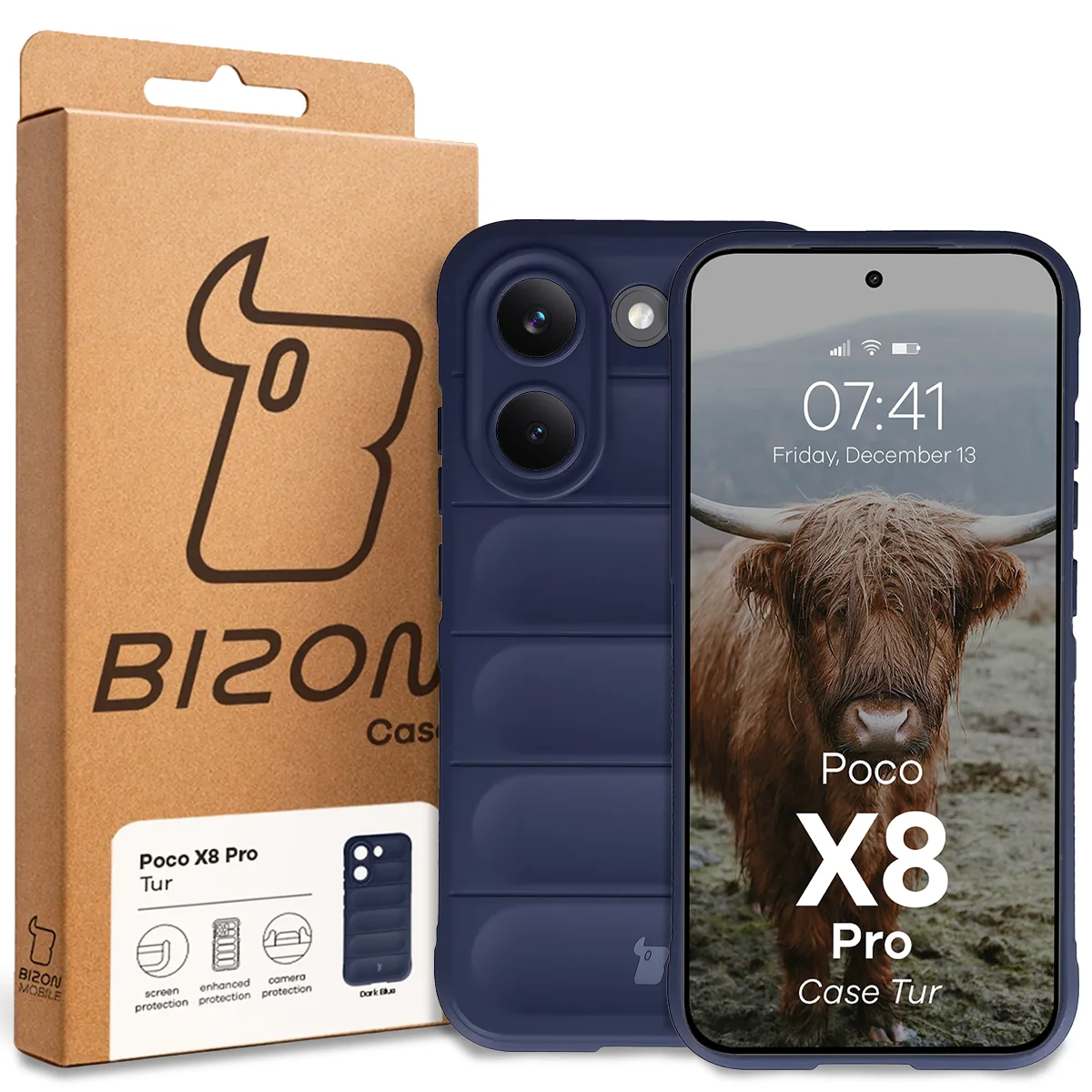 Przód pudełka Bizon Case z dedykowaną etykietą do Xiaomi POCO X8 Pro