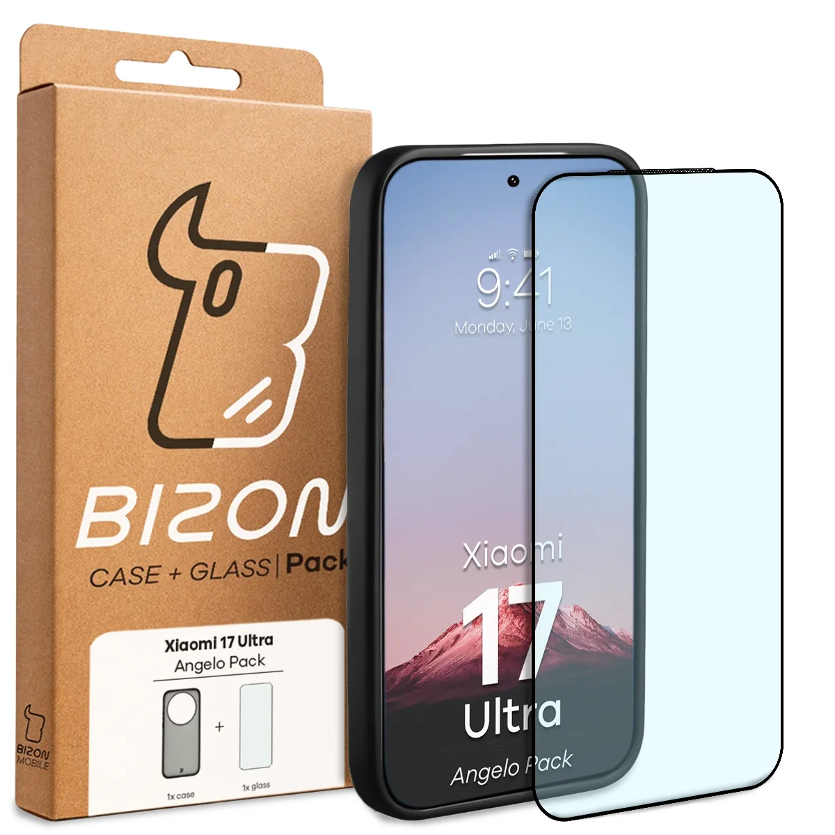 Przód pudełka Bizon Case Angelo Pack z dedykowaną etykietą do Xiaomi 17 Ultra