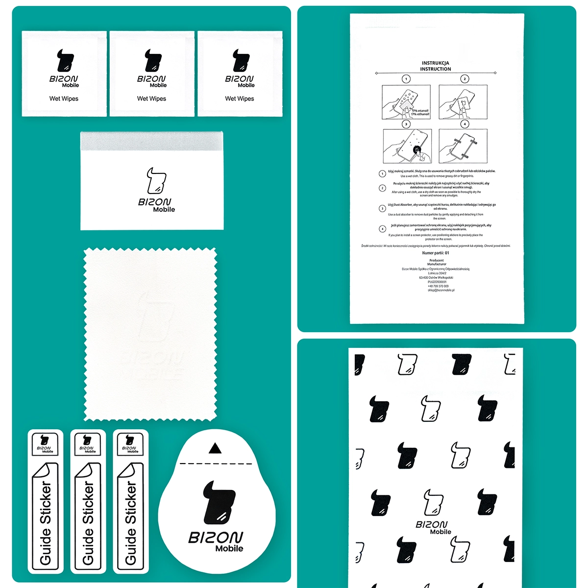 Zawartość zestawu aplikacyjnego Bizon Watch Film HydroFlex do Huawei Band 8