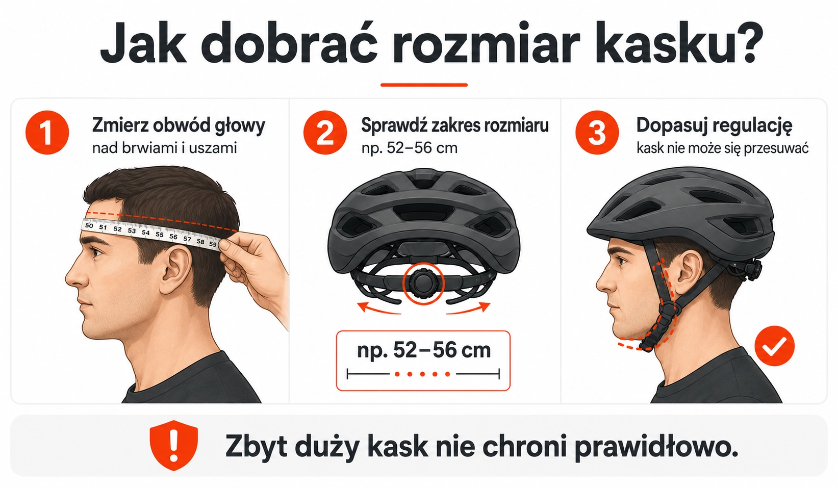 Jak dobrać rozmiar kasku rowerowego: krok 1 zmierz obwód głowy nad brwiami i uszami, krok 2 sprawdź zakres rozmiaru np. 52–56 cm, krok 3 dopasuj regulację